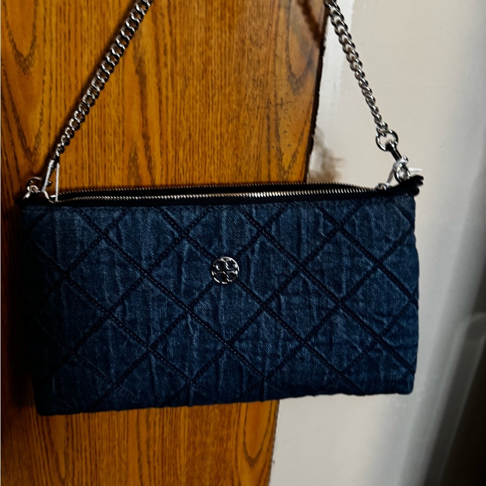 NWT Tory Burch Denim Blue Purse w/silver Chain Shoulder Bag